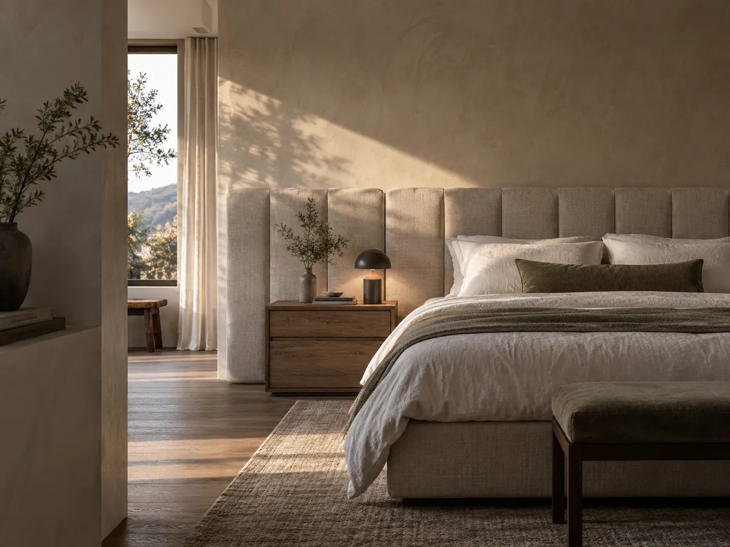 AI-generated bedroom illustration with a fabric headboard and coordinated warm finishes