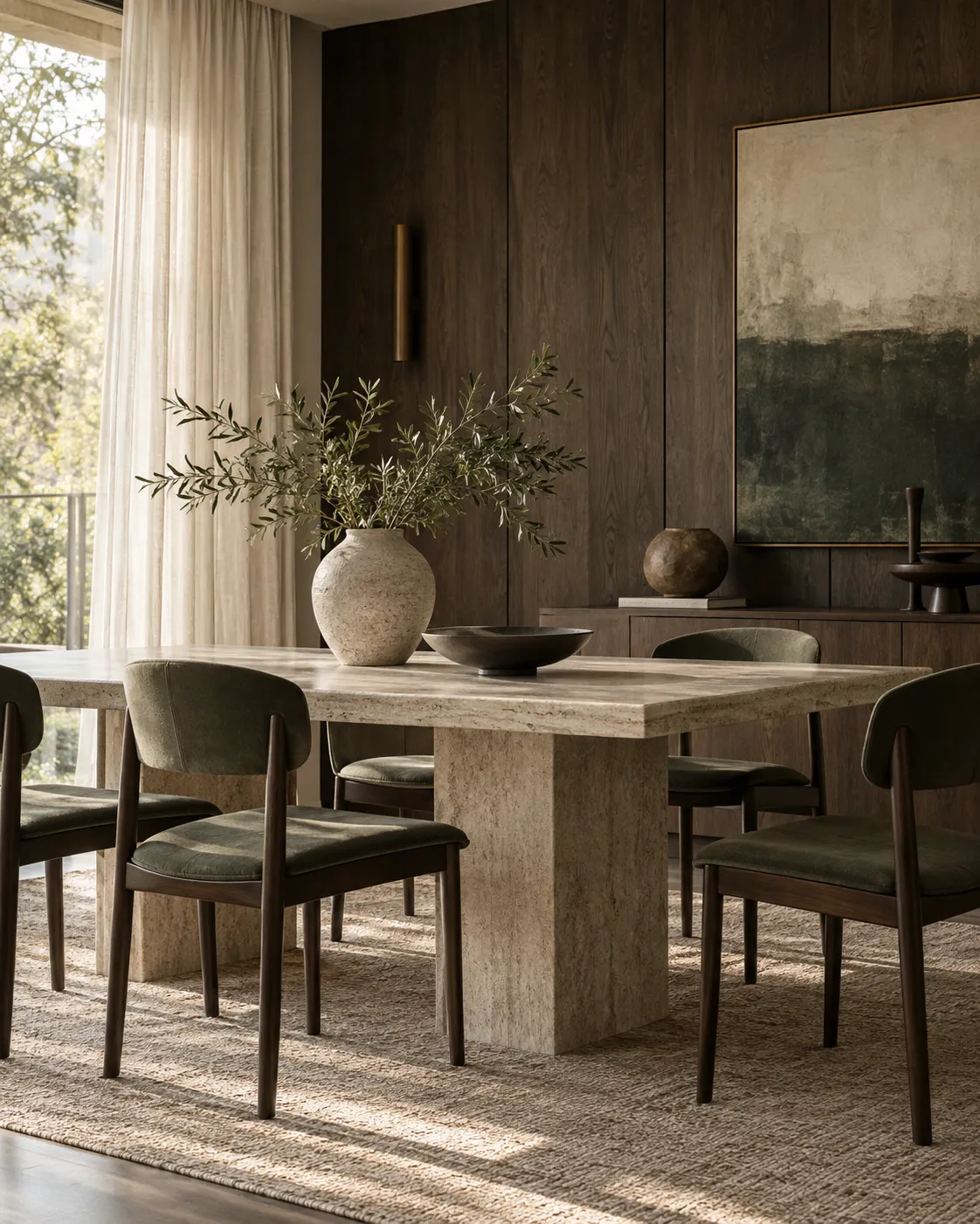 AI-generated dining-room illustration with a stone table, timber chairs and natural side light