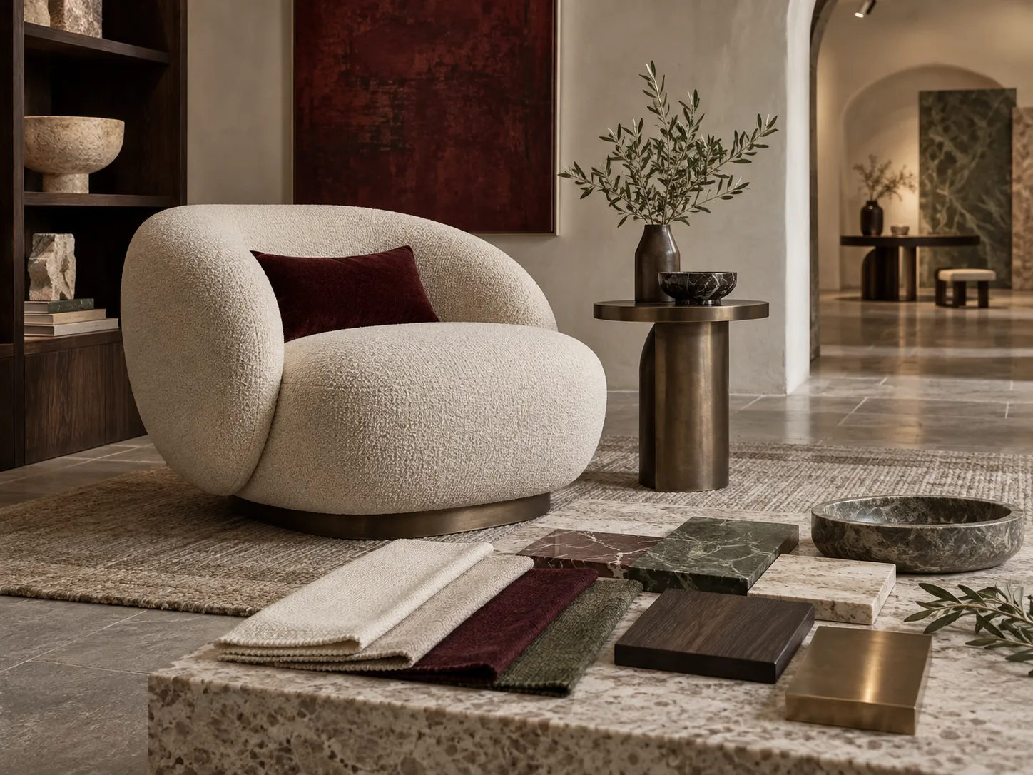 AI-generated furniture and lighting illustration with a sculptural armchair and stone surfaces